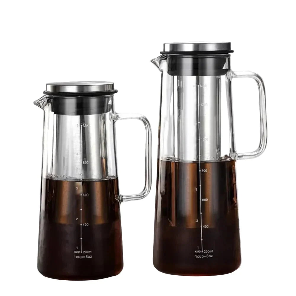 Caraffa per Cold Brew in Vetro Borosilicato con Filtro in Acciaio Inox – 1000 ml / 1400 ml per Caffè Freddo, Tè e Infusi