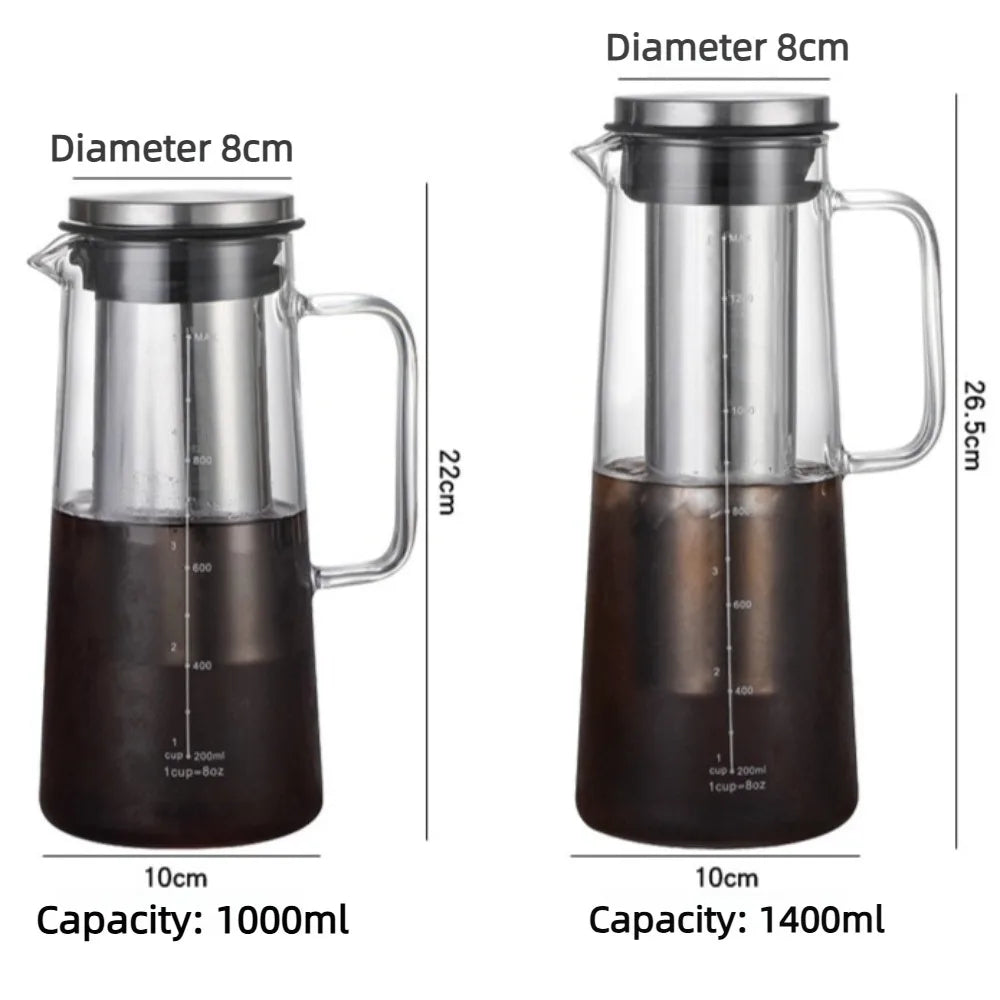 Caraffa per Cold Brew in Vetro Borosilicato con Filtro in Acciaio Inox – 1000 ml / 1400 ml per Caffè Freddo, Tè e Infusi