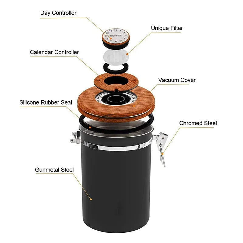 Contenitore Ermetico per Caffè 1,8L in Acciaio Inox 304 – Barattolo Sottovuoto per Chicchi, Polveri e Alimenti Secchi con Cucchiaio Dosatore