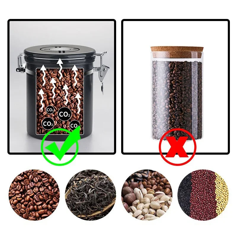 Contenitore Ermetico per Caffè 1,8L in Acciaio Inox 304 – Barattolo Sottovuoto per Chicchi, Polveri e Alimenti Secchi con Cucchiaio Dosatore