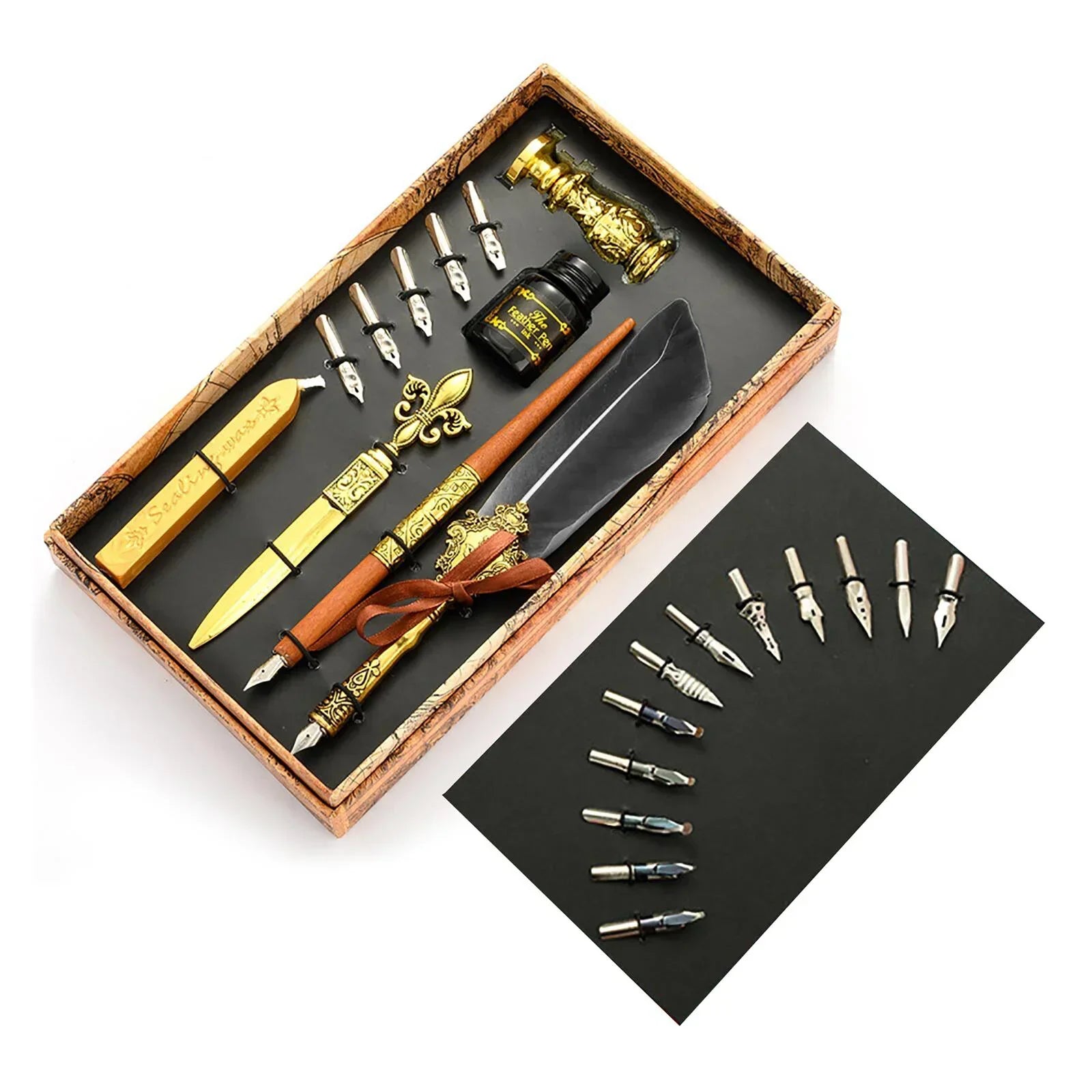 Set Penna Calligrafica con Inchiostro, 5 Pennini e Scatola